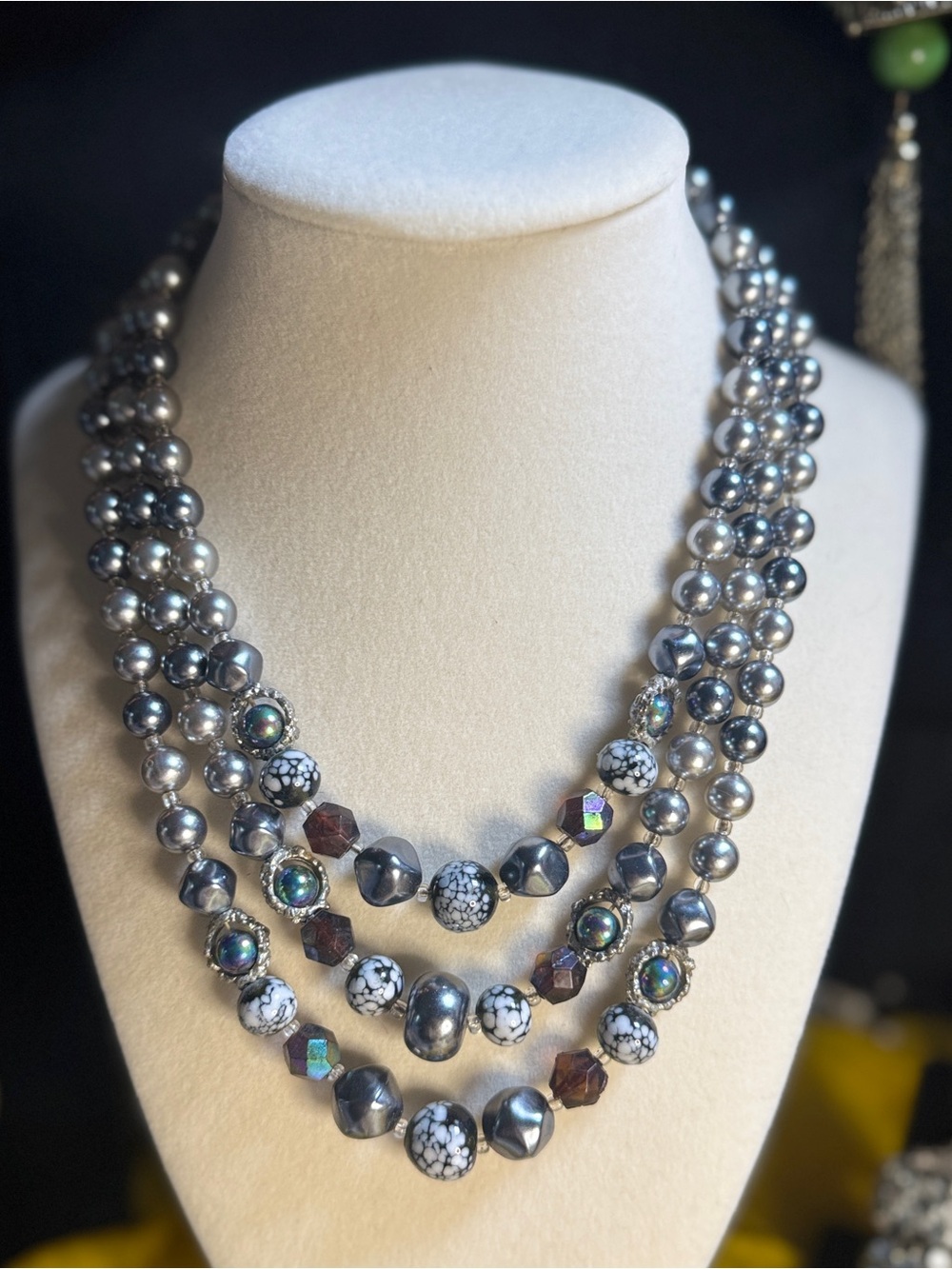 Multi-Strand Silver, Black & White Beaded Statement Necklace - Japan